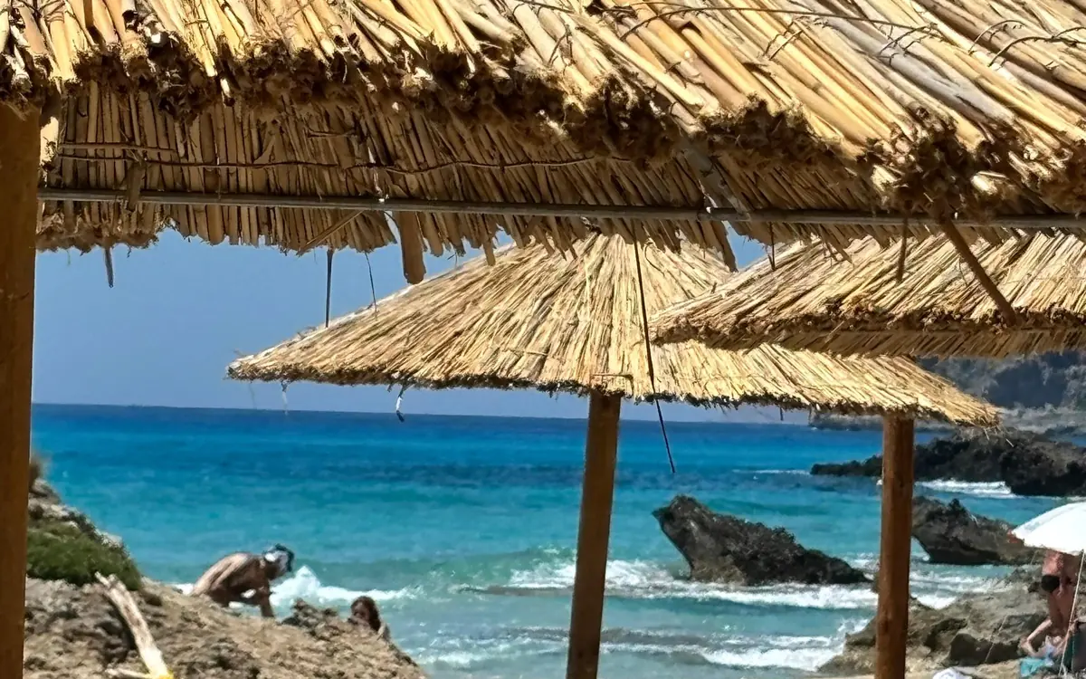 Straw parasols on a beach, with blue water and dark rocks behind