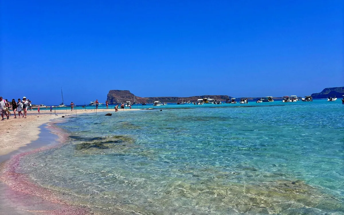 A sandy shore tinged pink along the edge of the shallow water