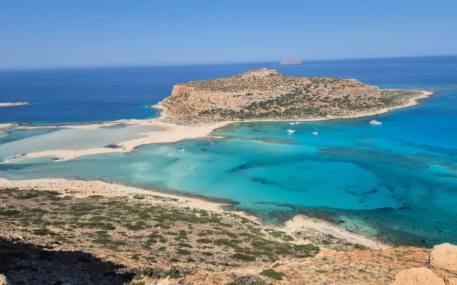 The lagoon from above, with a sand spit reaching out to a rocky islet